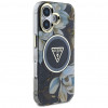 Guess Glitter Flowers Triangle Buttons MagSafe -kuori Apple iPhone 16 -puhelimelle, musta
