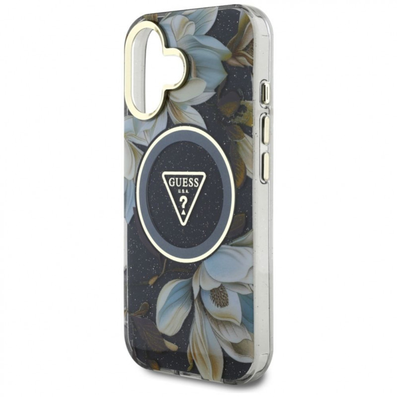Guess Glitter Flowers Triangle Buttons MagSafe -kuori Apple iPhone 16 -puhelimelle, musta