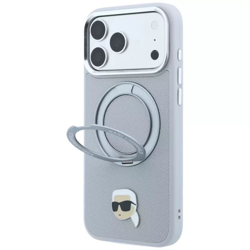 Karl Lagerfeld with Ring Stand 360 Karl Head Pin MagSafe -suojakotelo Apple iPhone 18 Pro / 17 Pro -puhelimelle, harmaa (KF003235)