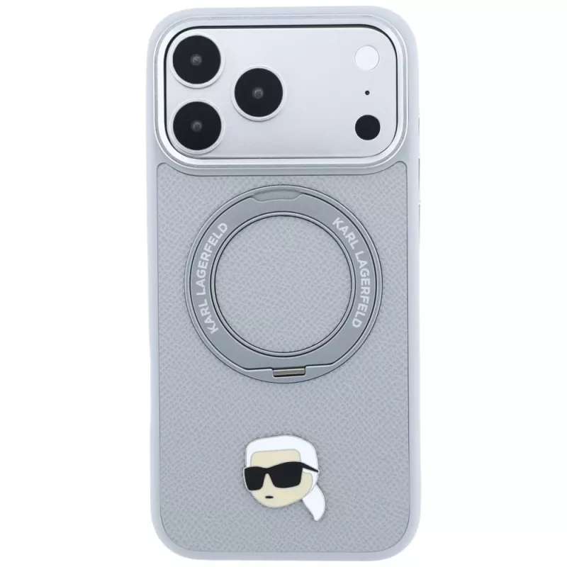 Karl Lagerfeld with Ring Stand 360 Karl Head Pin MagSafe -suojakotelo Apple iPhone 18 Pro / 17 Pro -puhelimelle, harmaa (KF003235)