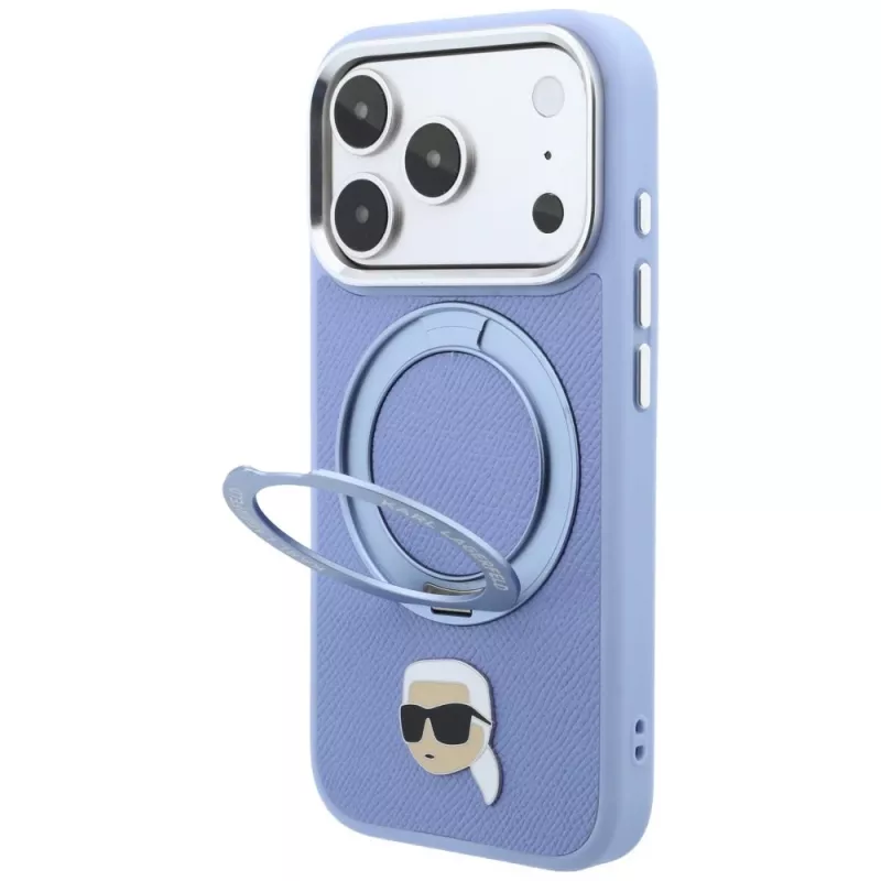 Karl Lagerfeld with Ring Stand 360 Karl Head Pin MagSafe -suojakotelo Apple iPhone 18 Pro Max / 17 Pro Max -puhelimelle, vaaleansininen (KF003238)