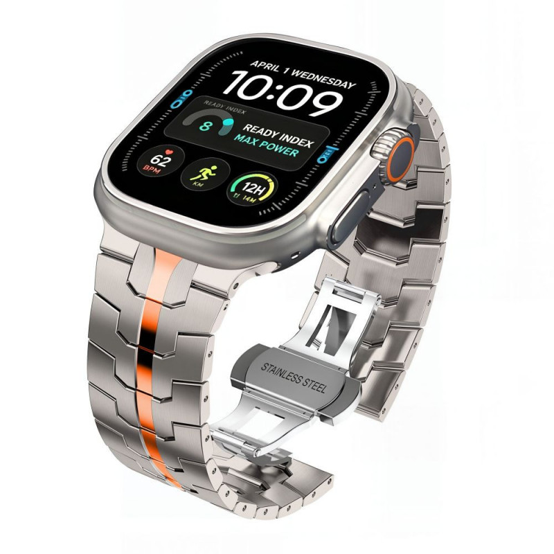 Tech-Protect Stainless THP6100 Apple Watch 8 / 9 / 10 / 11 / 12 / SE / Ultra 44/45/46/49 mm ruostumattomasta teräksestä valmistettu ranneke, Titanium/Orange
