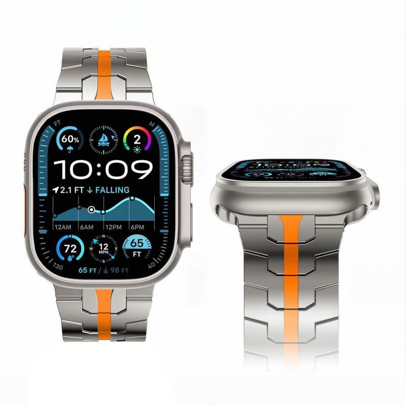 Tech-Protect Stainless THP6100 Apple Watch 8 / 9 / 10 / 11 / 12 / SE / Ultra 44/45/46/49 mm ruostumattomasta teräksestä valmistettu ranneke, Titanium/Orange