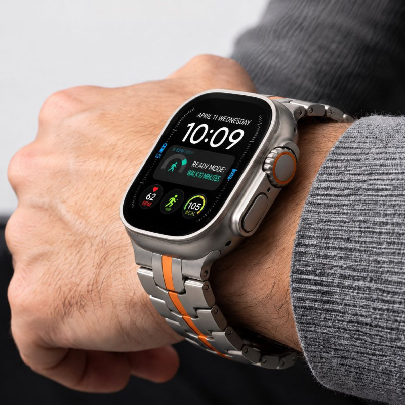 Tech-Protect Stainless THP6100 Apple Watch 8 / 9 / 10 / 11 / 12 / SE / Ultra 44/45/46/49 mm ruostumattomasta teräksestä valmistettu ranneke, Titanium/Orange