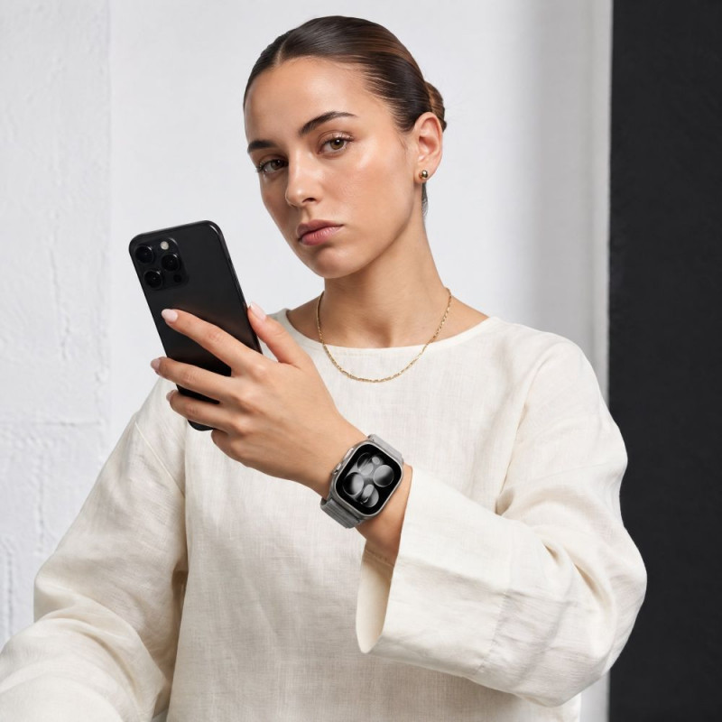 Tech-Protect Nylonloop Apple Watch 8 / 9 / 10 / 11 / 12 / SE / Ultra 44/45/46/49 mm -kellonranneke, vaaleanharmaa