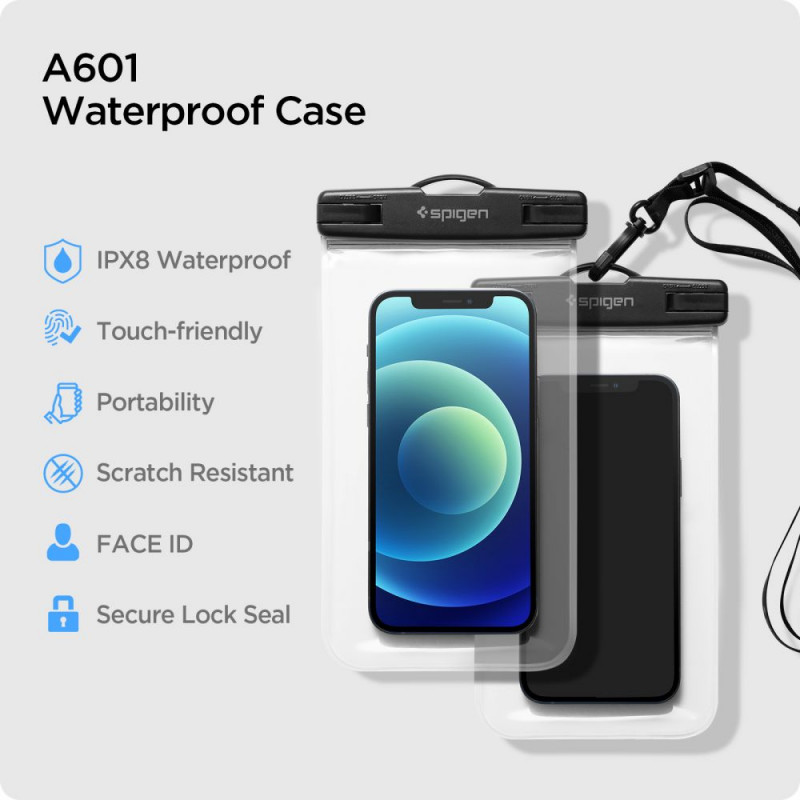Spigen A601 Universal Waterproof Case (2 kpl), Crystal Clear