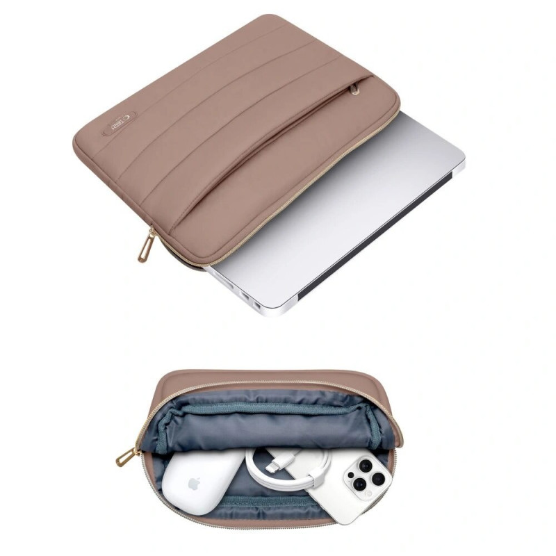 Tech-Protect Puffy kannettavan tietokoneen 15-16" suojakotelo lisävarustepussilla, Walnut