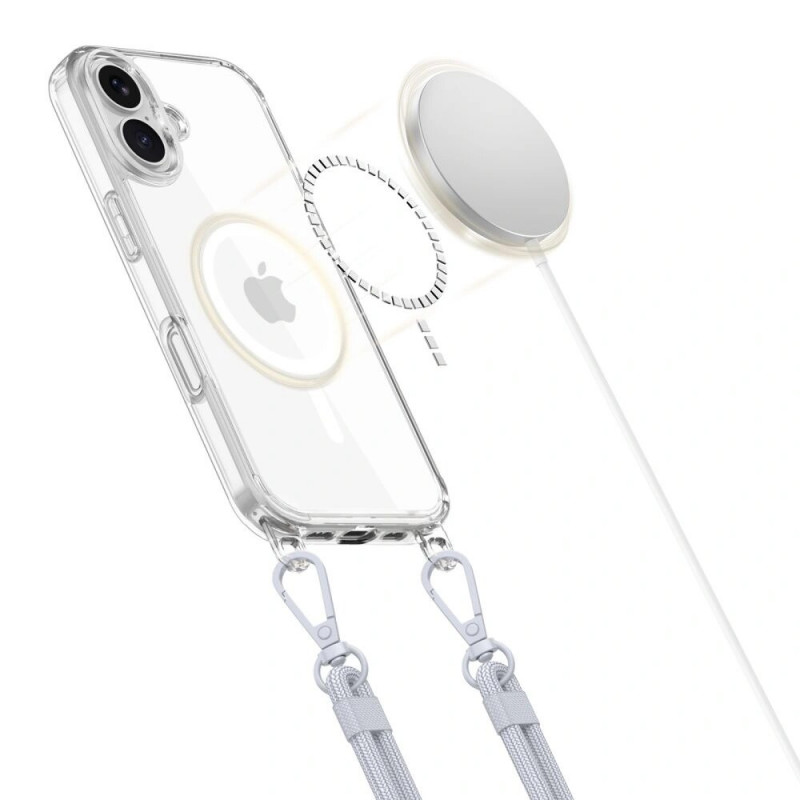 Tech-Protect FlexAir Chain MagSafe -suojakuori Apple iPhone 16 -puhelimelle, kirkas, mukana harmaa ja pinkki kantohihna