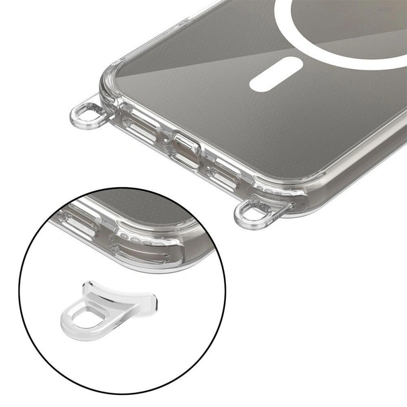 Tech-Protect FlexAir Chain MagSafe -suojakuori Apple iPhone 16 -puhelimelle, kirkas, mukana harmaa ja pinkki kantohihna