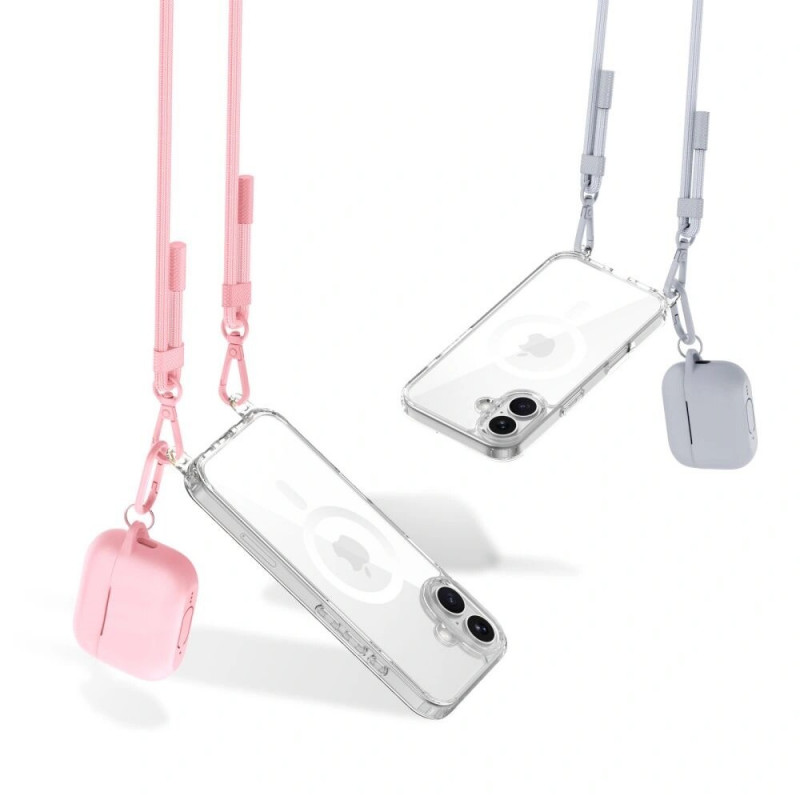 Tech-Protect FlexAir Chain MagSafe -suojakuori Apple iPhone 16 -puhelimelle, kirkas, mukana harmaa ja pinkki kantohihna