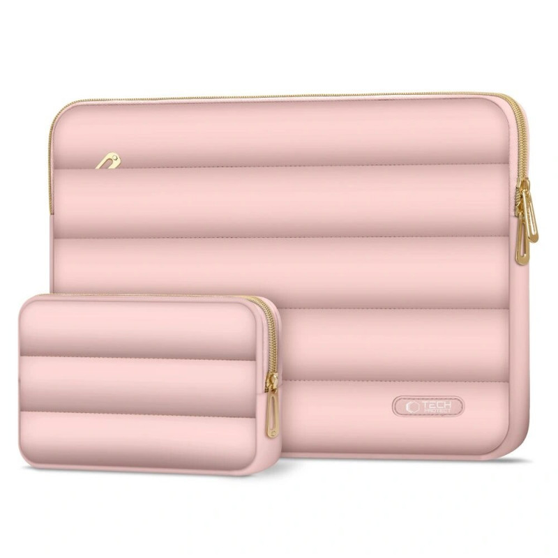 Tech-Protect Puffy kannettavan tietokoneen 13-14" suojakotelo lisävarustepussilla, Dusty Rose