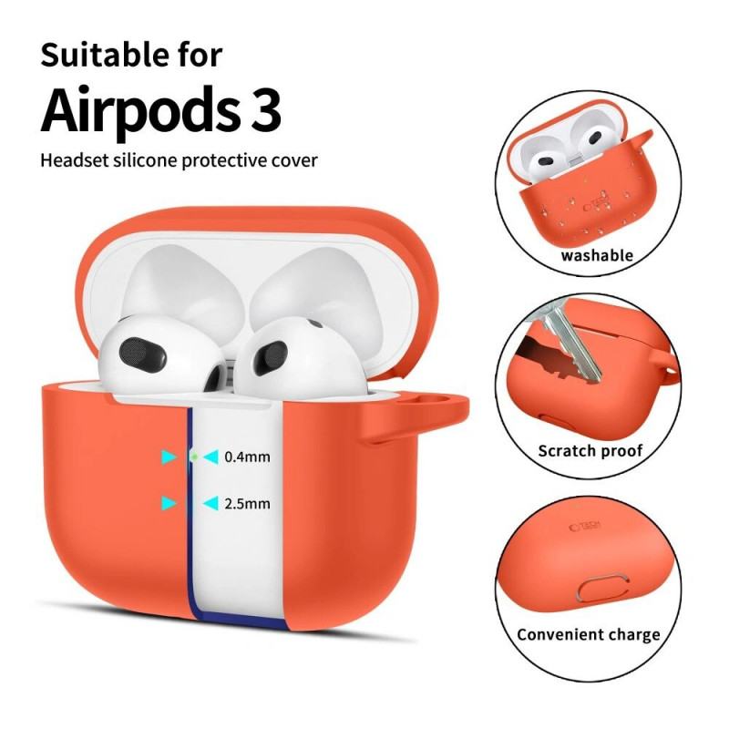 Tech-Protect Silikoninen Hook-suojakotelo Apple AirPods 3 -kuulokkeille karabiinilla, neonoranssi