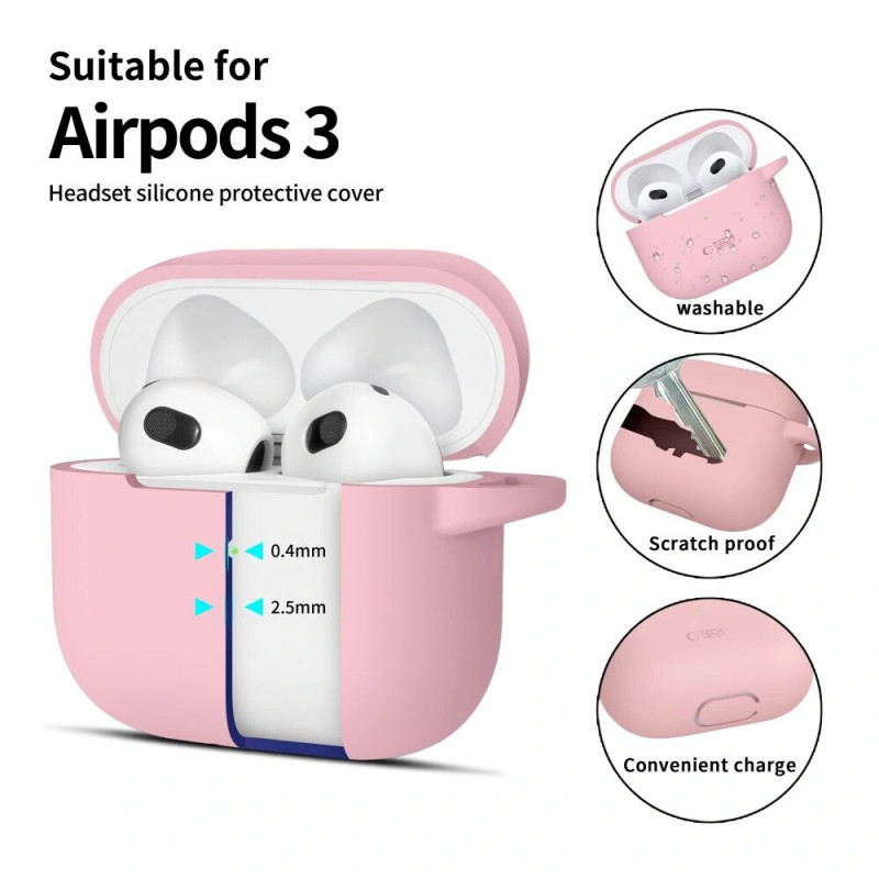 Tech-Protect Silicone Hook -silikonikotelo Apple AirPods 3 -kuulokkeille karabiinilla, Dusty Pink