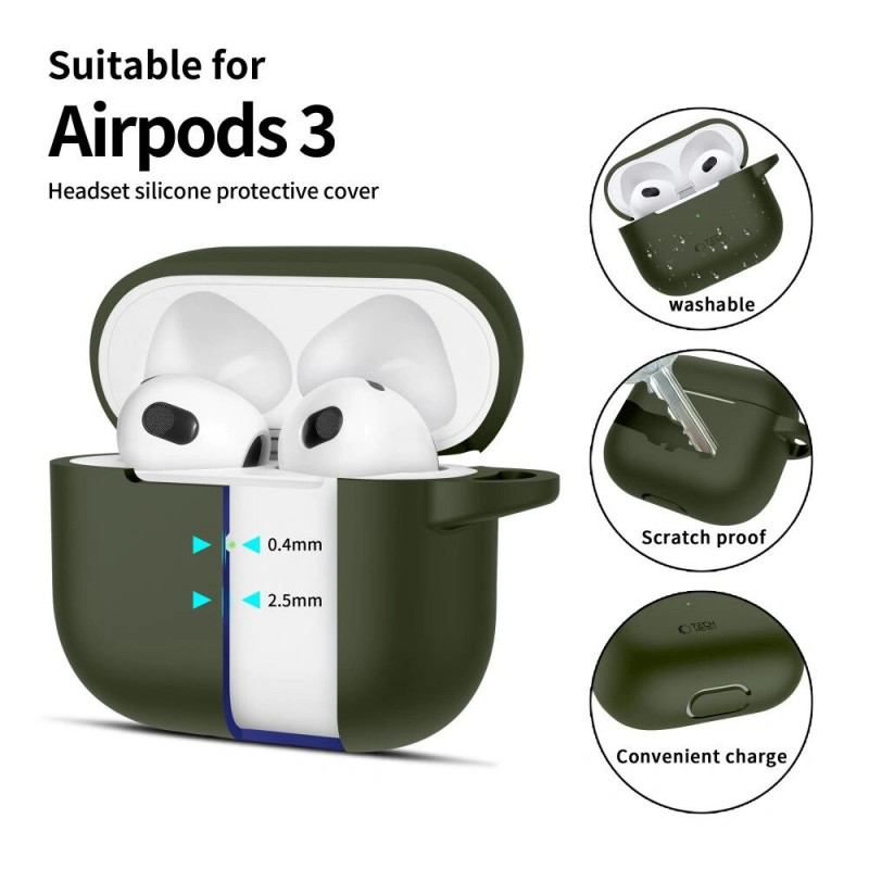 Tech-Protect Silikoninen Hook-kotelo Apple AirPods 3 -kuulokkeille karabiinilla, oliivinvihreä