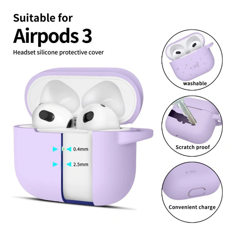 Tech-Protect Silicone Hook -silikonikotelo Apple AirPods 3 -kuulokkeille karabiinilla, laventeli