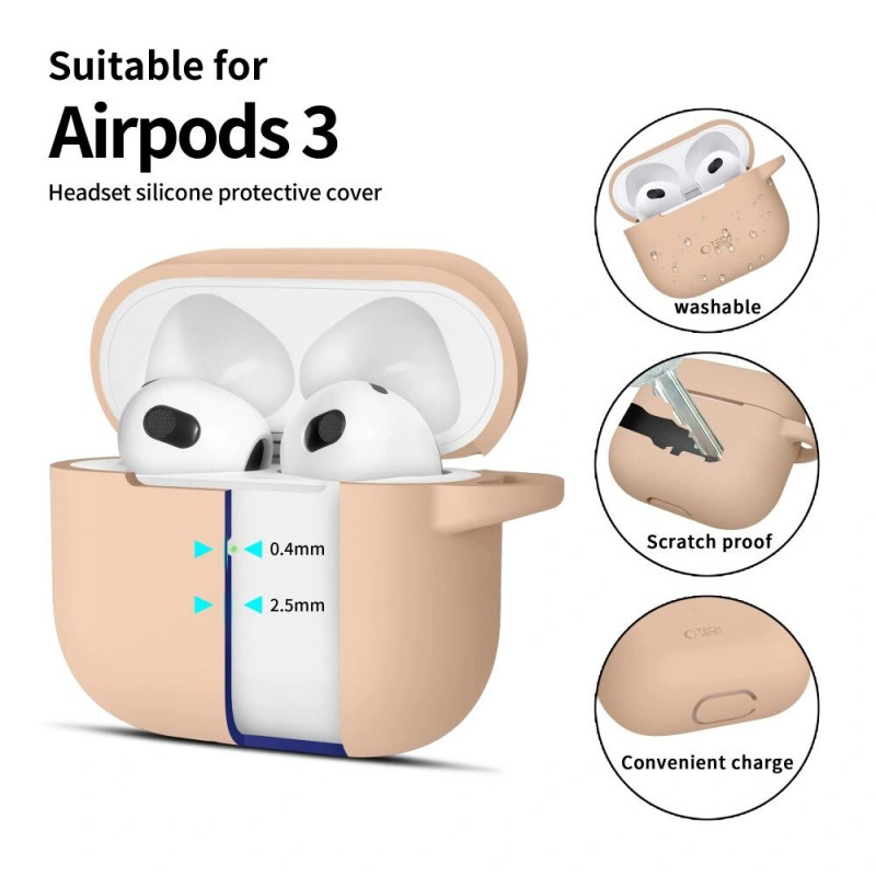 Tech-Protect Silikoninen Hook-kotelo Apple AirPods 3 -kuulokkeille karabiinilla, Caffe Latte