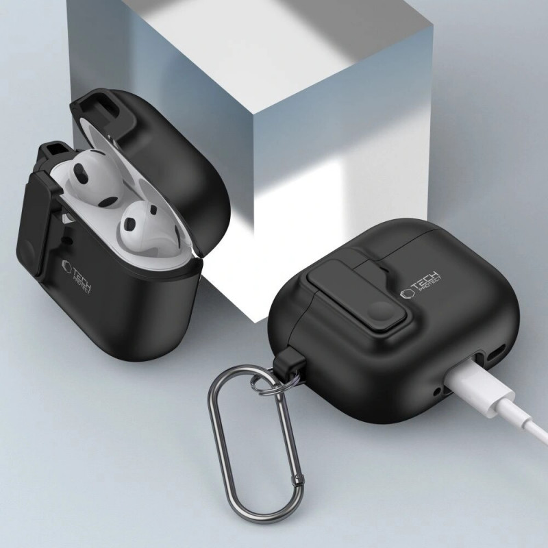 Tech-Protect Slim Hook -kotelo Apple AirPods 4 -kuulokkeille, musta