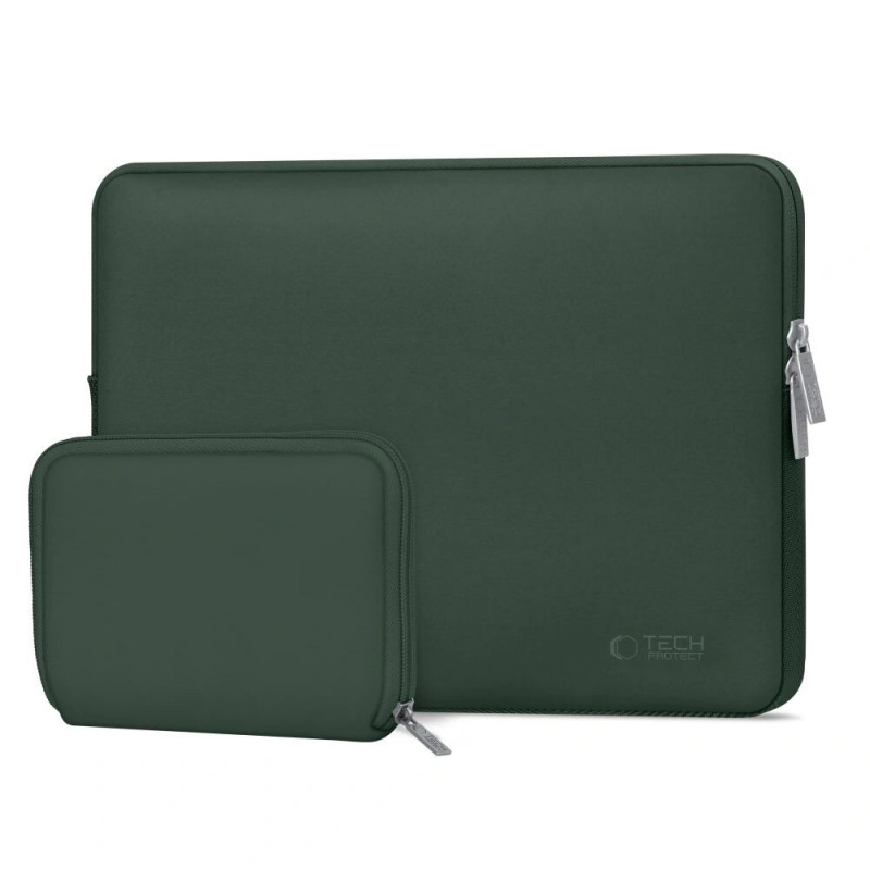 Tech-Protect NeoSlim kannettavan tietokoneen 15-16" suojakotelo lisävarustepussilla, Midnight Green