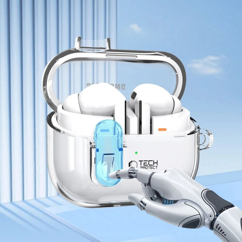 Tech-Protect FlexAir -kotelo karabiinilla Samsung Galaxy Buds 3 / 3 Pro -kuulokkeille, kirkas