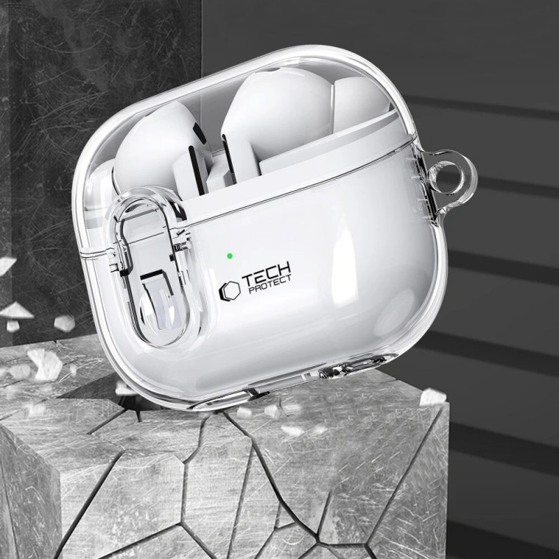 Tech-Protect FlexAir -kotelo karabiinilla Samsung Galaxy Buds 3 / 3 Pro -kuulokkeille, kirkas