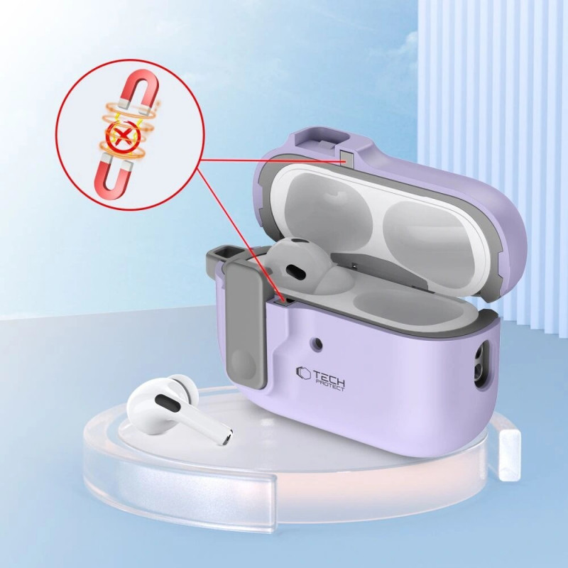 Tech-Protect Slim Hook -kotelo karabiinilla Apple AirPods Pro 1 / 2 -kuulokkeille, laventeli