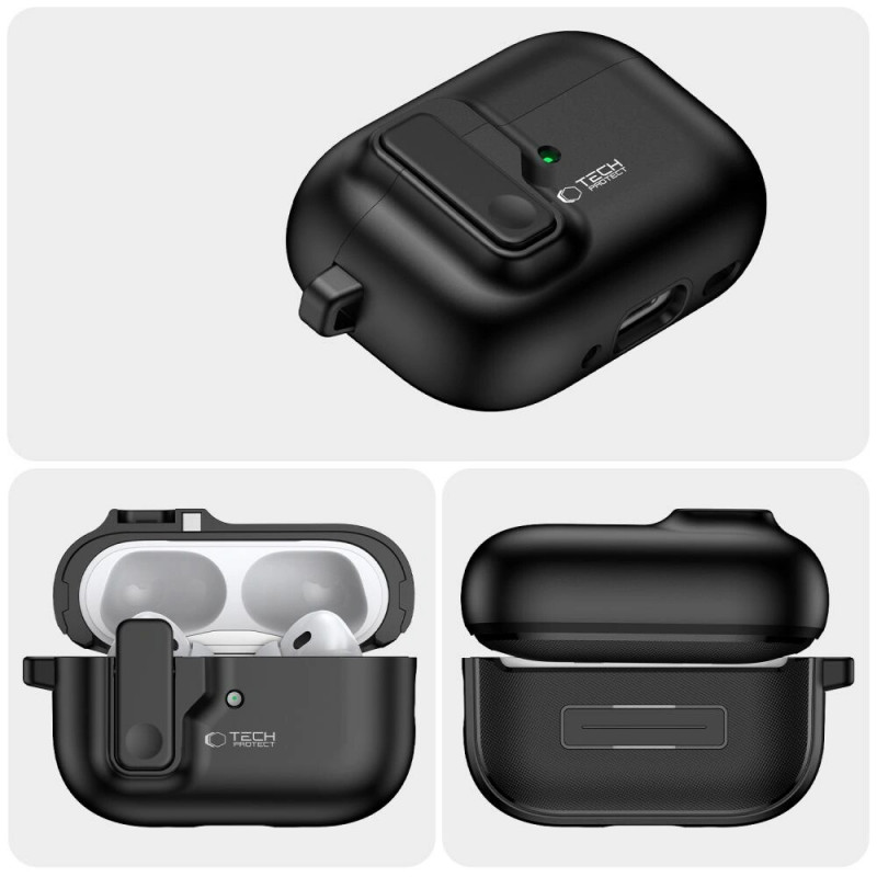 Tech-Protect Slim Hook -kotelo karabiinilla Apple AirPods Pro 1 / 2 -kuulokkeille, musta
