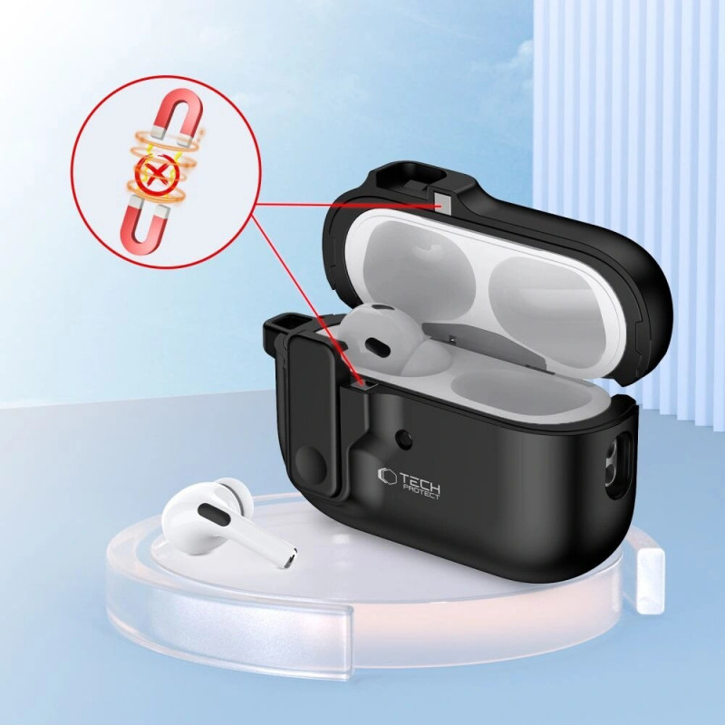 Tech-Protect Slim Hook -kotelo karabiinilla Apple AirPods Pro 1 / 2 -kuulokkeille, musta