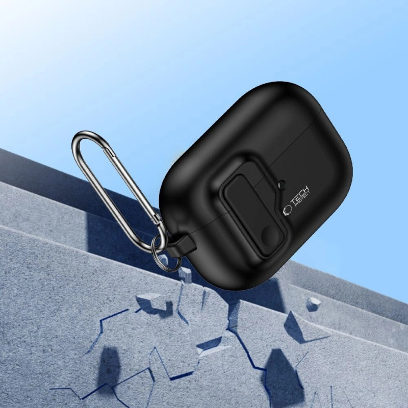 Tech-Protect Slim Hook -kotelo karabiinilla Apple AirPods Pro 1 / 2 -kuulokkeille, musta