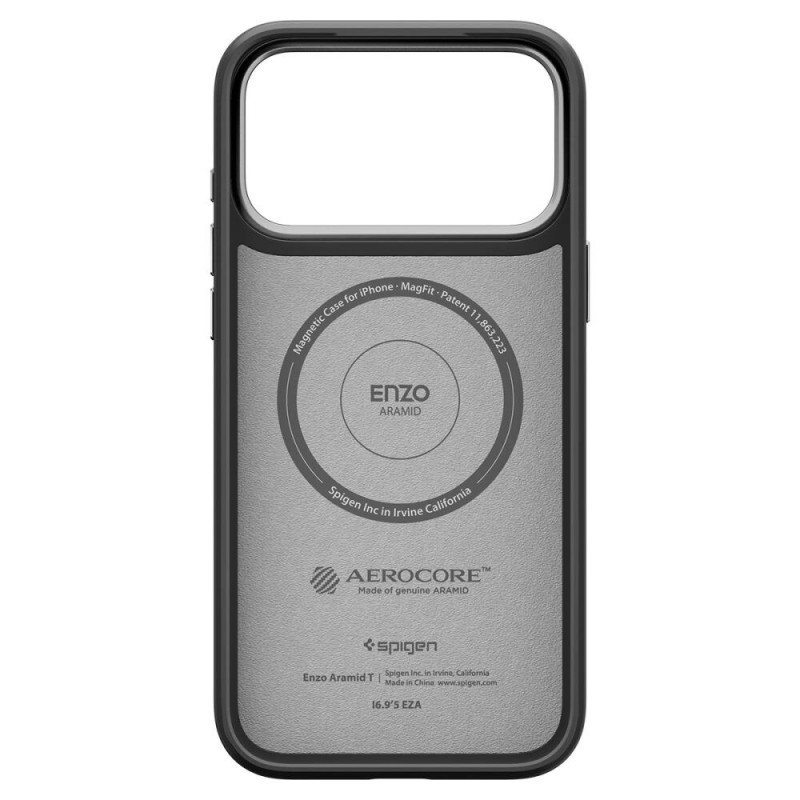 Spigen Enzo Aramid T Mag MagSafe -suojakotelo Apple iPhone 17 Pro Max / 18 Pro Max -puhelimelle, musta/hopea