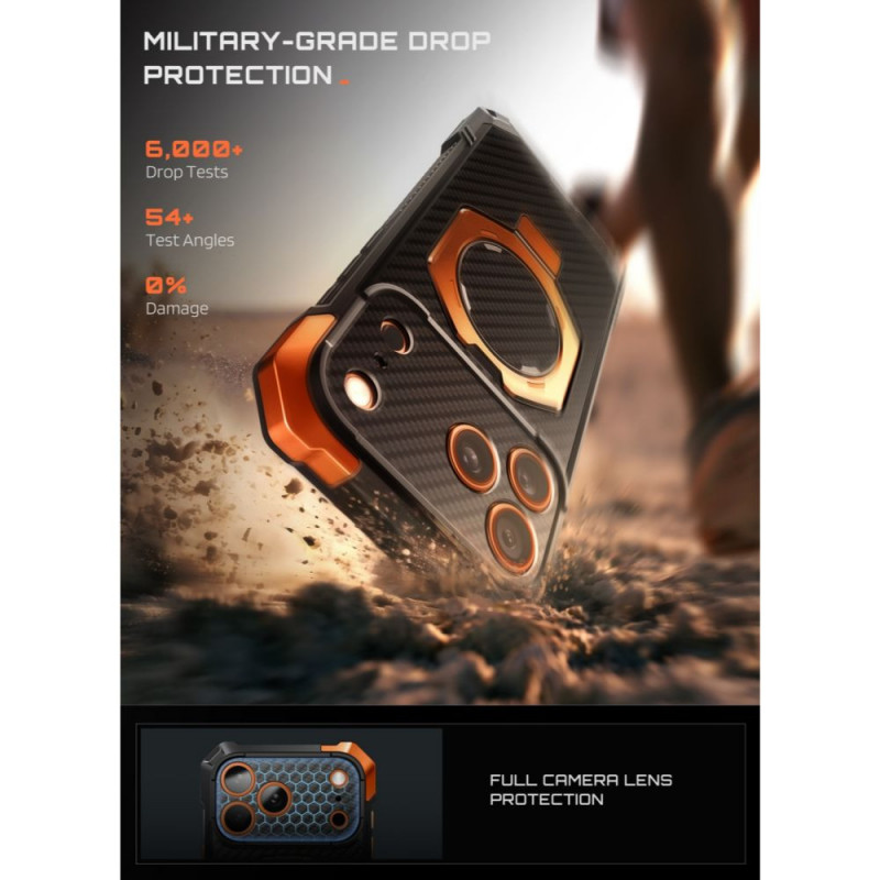 Supcase UB Grip Mag MagSafe -aramidikotelo Apple iPhone 17 Pro Max / 18 Pro Max -puhelimelle, musta/oranssi