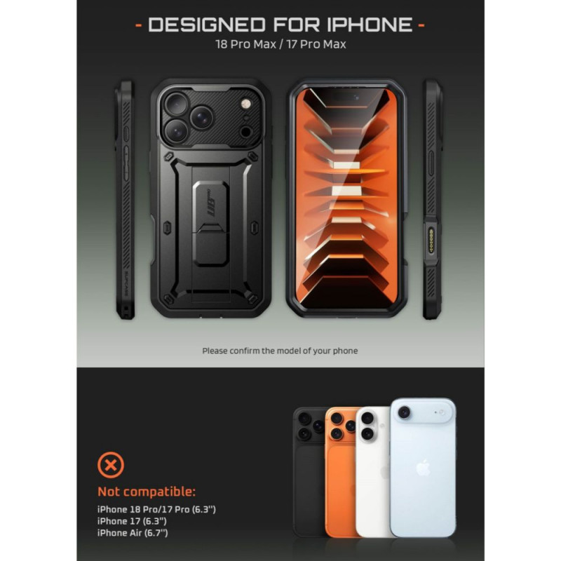 Supcase Unicorn Beetle Pro -suojakotelo Apple iPhone 17 Pro Max / 18 Pro Max -puhelimelle, musta