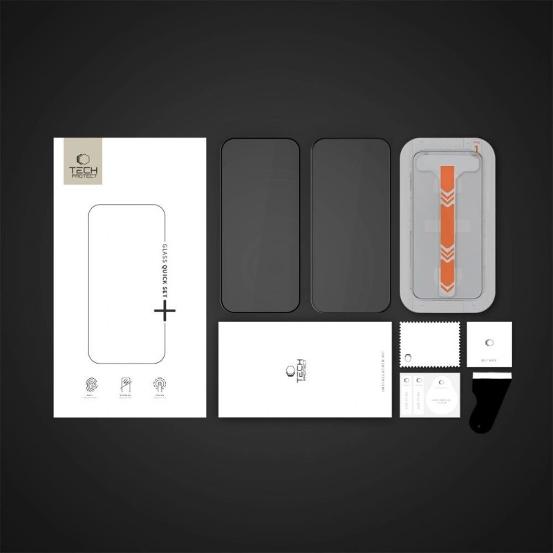 Tech-Protect Quick Set+ karkaistu lasinen näytönsuojus Apple iPhone 13 / 13 Pro / 14 / 16e -puhelimelle, musta (2 kpl)