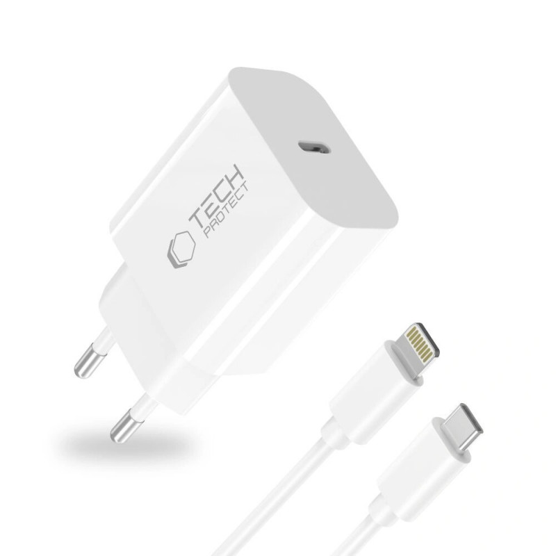 Tech-Protect NC20W 1-port USB-C seinälaturi PD 20W Lightning-kaapelilla, valkoinen, 100 cm