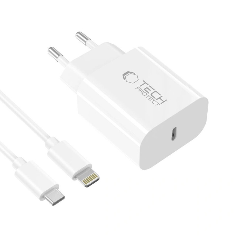 Tech-Protect NC20W 1-port USB-C seinälaturi PD 20W Lightning-kaapelilla, valkoinen, 100 cm