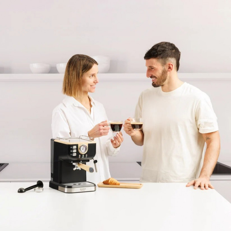 Taurus Onyx Moka 1050 W 20 bar puinen mäntätyylinen espressokeitin, puu/musta/hopea