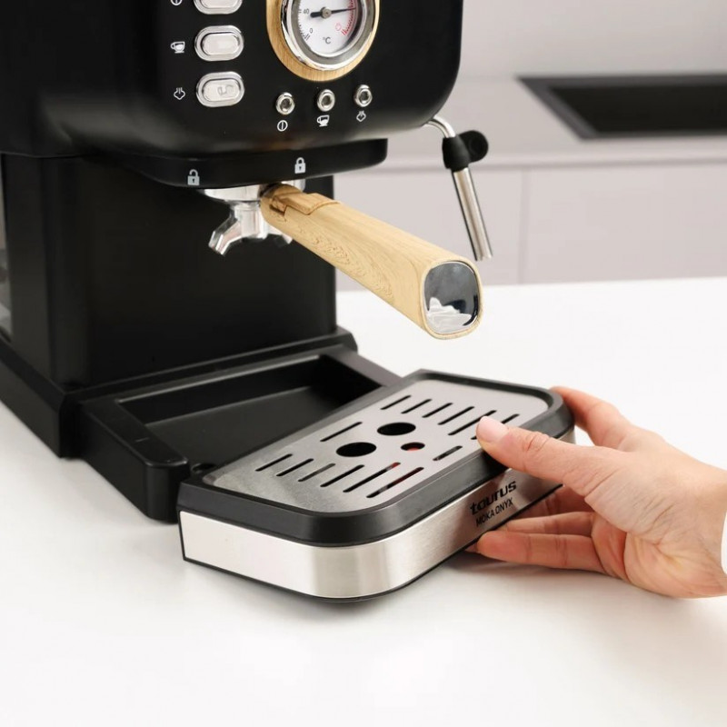 Taurus Onyx Moka 1050 W 20 bar puinen mäntätyylinen espressokeitin, puu/musta/hopea