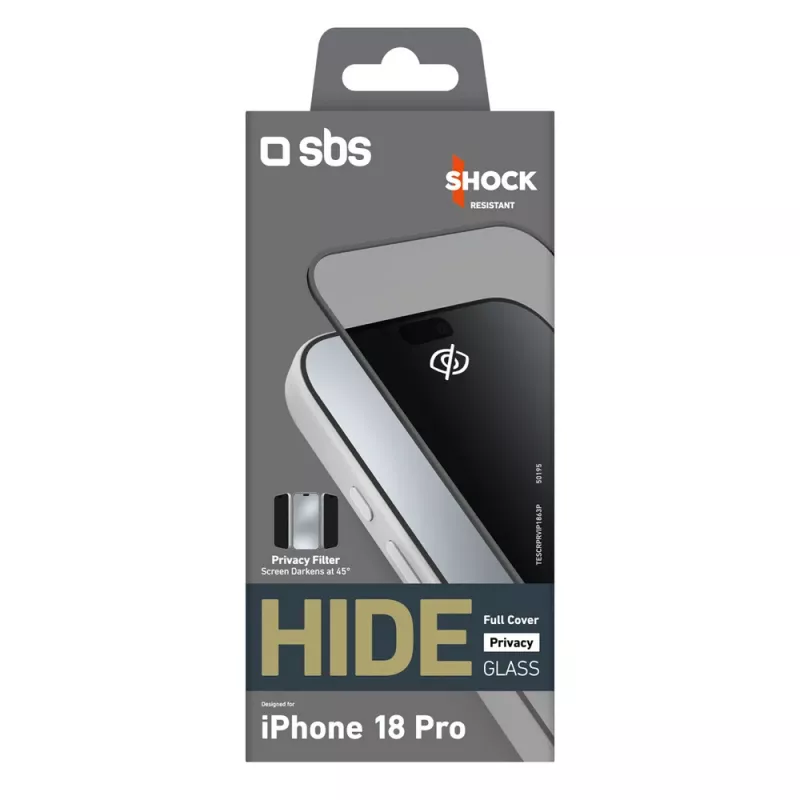 SBS Hide Full Cover Privacy Glass iPhone 18 Pro -laitteelle, 0,33 mm