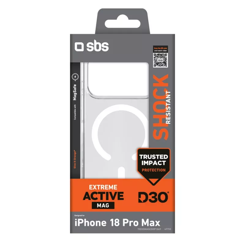 SBS D3O Active -suojakotelo iPhone 18 Pro Max / 17 Pro Max -puhelimelle, MagSafe-yhteensopiva, läpinäkyvä