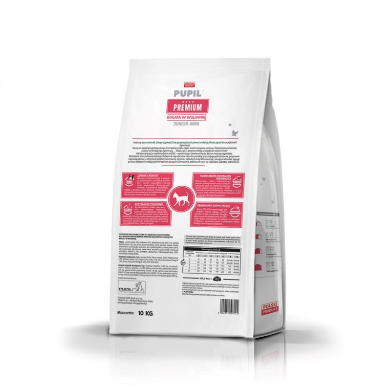 PUPIL Premium Junior Mini runsas naudanliha kuivaruoka koirille, 10 kg