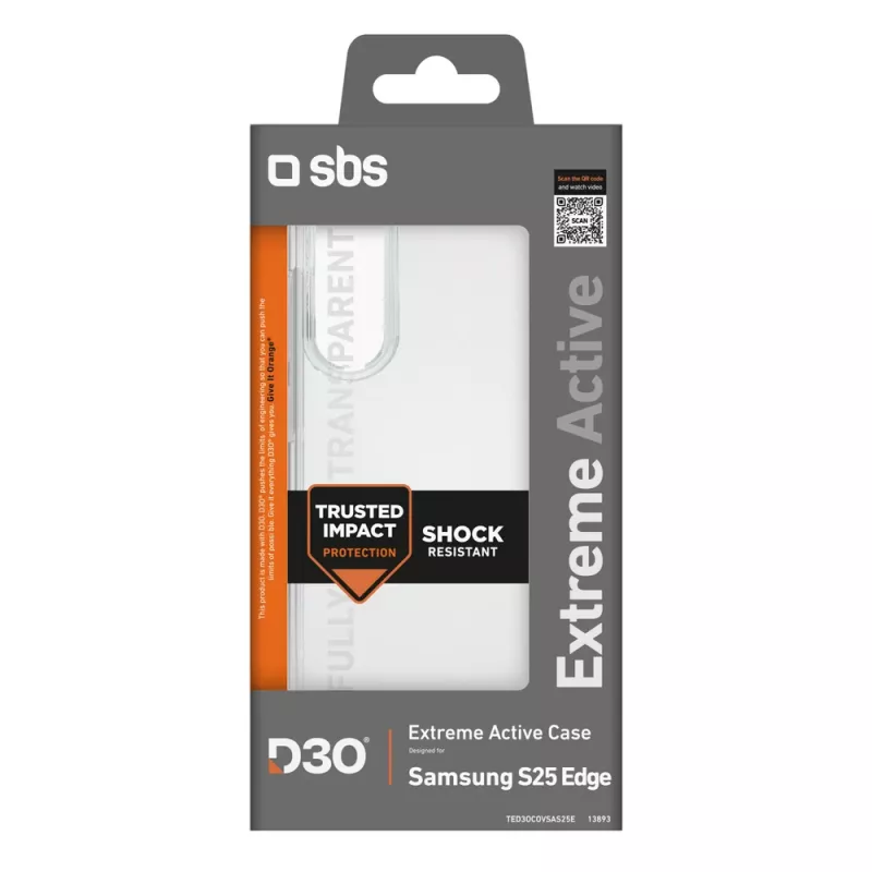 SBS D3O -kuori Samsung Galaxy S25 Edge -puhelimelle, läpinäkyvä