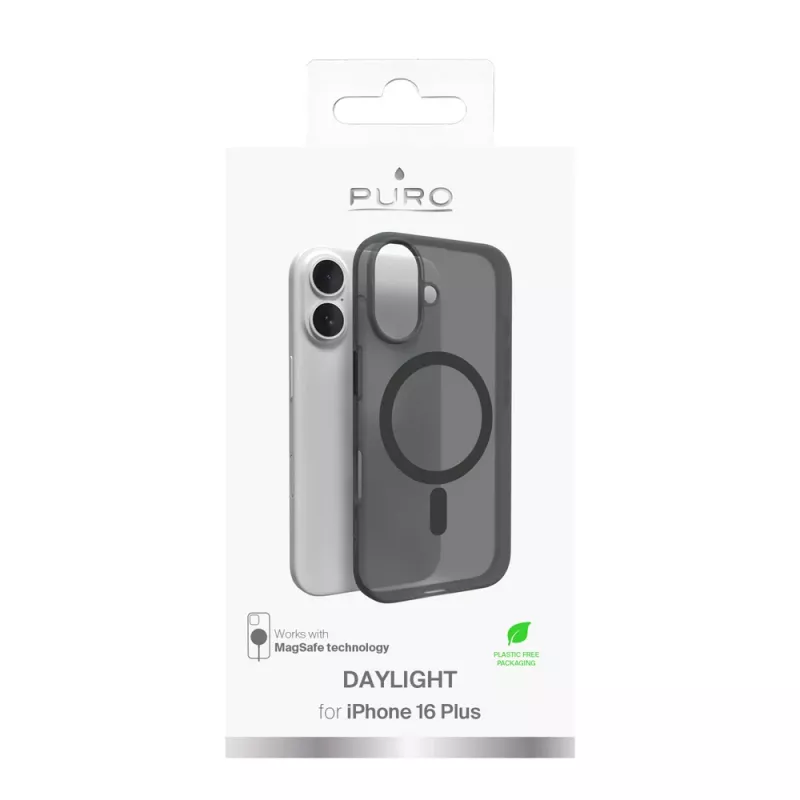 Puro Daylight MagSafe -silikonikuori iPhone 16 Plus -puhelimelle, musta
