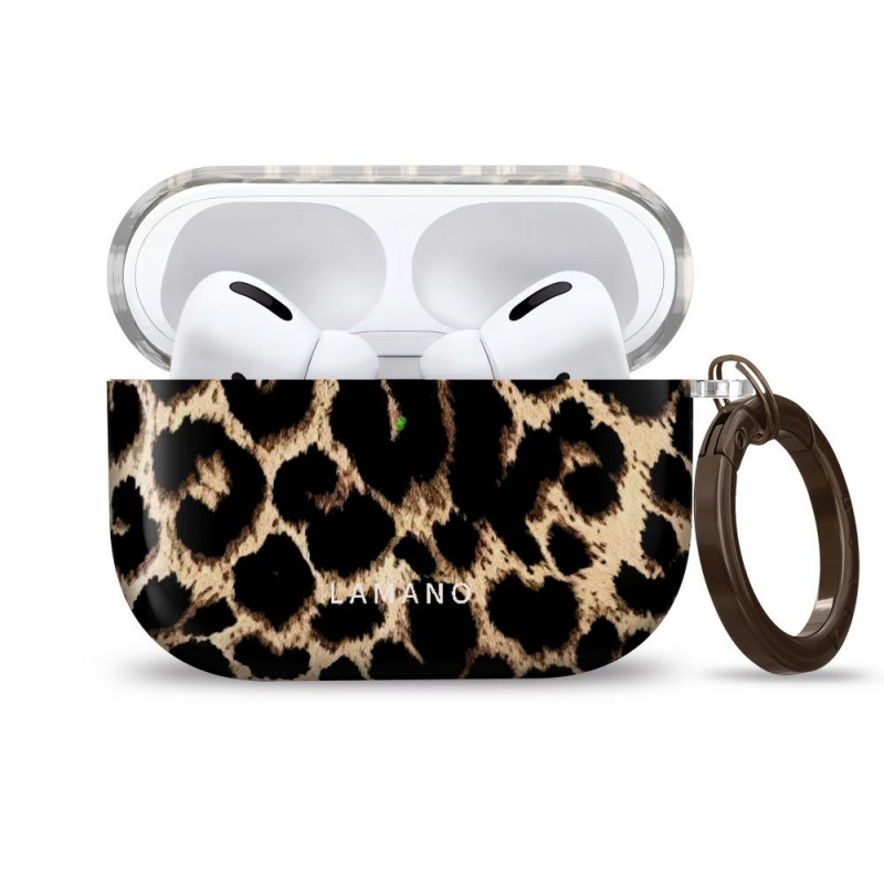 Tech-Protect Lamano-kuori Apple AirPods Pro 3 -kuulokkeille karabiinilla, Exotic Touch (musta ja ruskea)