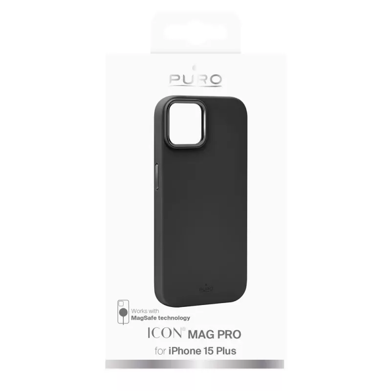Puro Icon Mag Pro MagSafe -silikonikuori metallinapeilla Apple iPhone 15 Plus -puhelimelle, musta