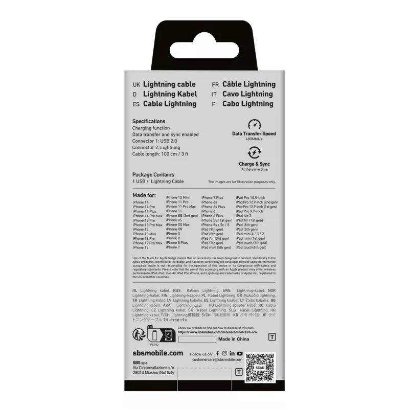 SBS TECABLEUSBIP589A USB-A–Lightning-kaapeli, 1 m, sininen