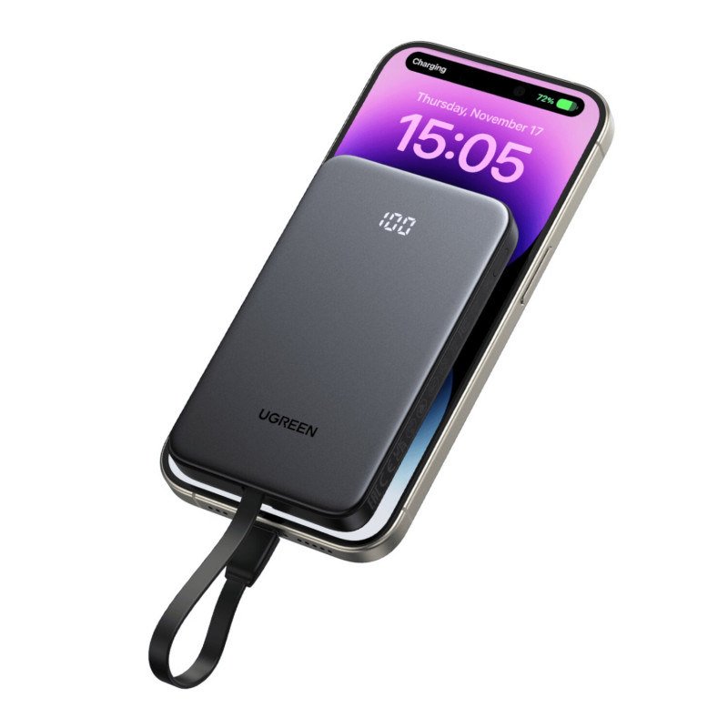 UGREEN PB526 10000mAh 20W varavirtalähde sisäänrakennetulla USB-C-kaapelilla