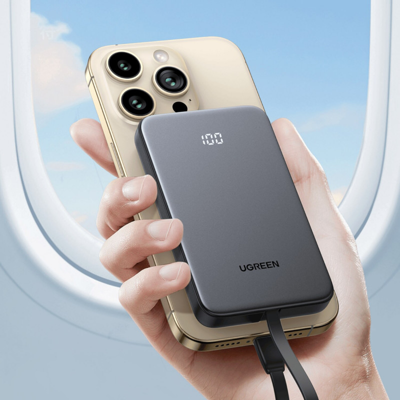 UGREEN PB526 10000mAh 20W varavirtalähde sisäänrakennetulla USB-C-kaapelilla