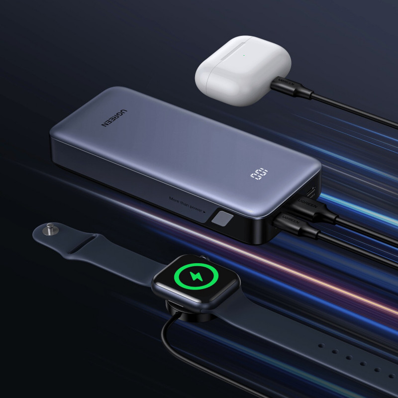 UGREEN PB532 20000mAh 30W kaksisuuntainen pikalataus varavirtalähde, 2x USB-C, USB-A, harmaa