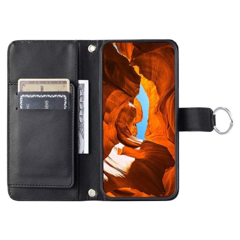 Hurtel Samsung Galaxy A37 5G PU-nahkainen lompakkokotelo jalustalla ja olkahihnalla, musta