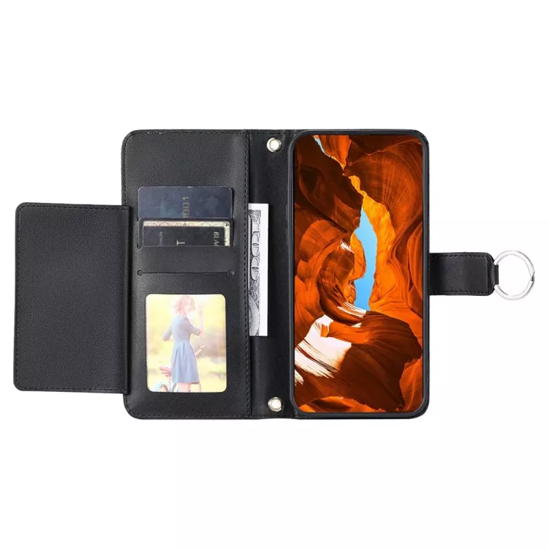 Hurtel Samsung Galaxy A37 5G PU-nahkainen lompakkokotelo jalustalla ja olkahihnalla, musta