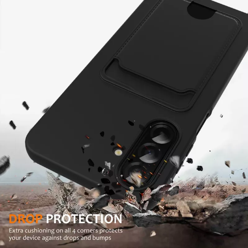 Hurtel Samsung Galaxy A57 5G TPU-kuori korttipaikalla ja olkahihnalla, musta